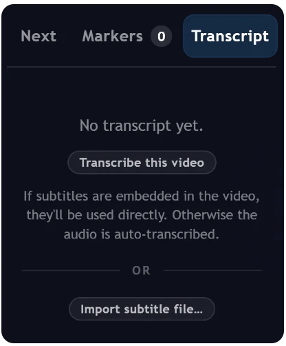 The transcript panel before transcription — a Transcribe this video button